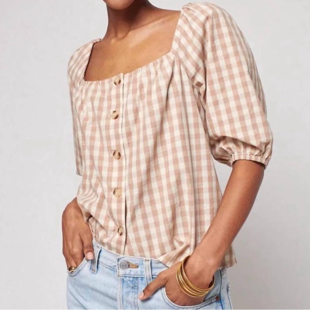 Faherty Beige Checkered Blouse - image 1